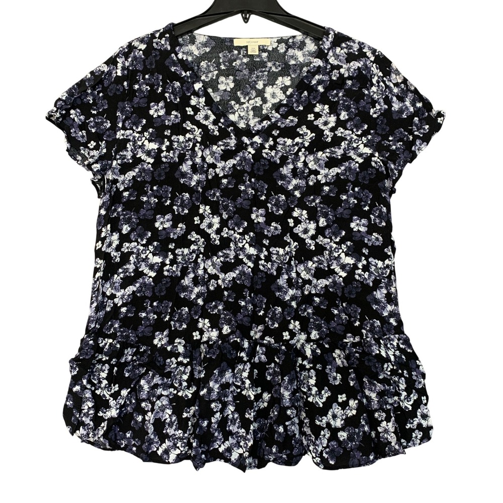 Sejour Women's 14W Floral Peplum Blouse Black Blue Rayon Flare Sleeve, hem